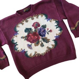 Vintage 90s Eddie Bauer Sweater Large Oversized Heavy Knit Floral